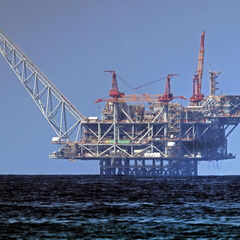A view of the platform of the Leviathan natural gas field in the Mediterranean Sea is pictured from the Israeli northern coastal beach of Nahsholim, on Aug. 29, 2022.