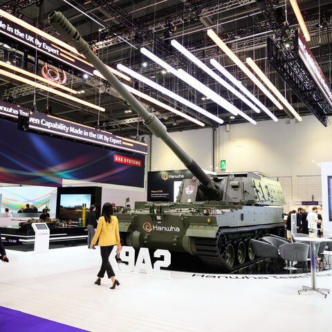 A K9A2 Self-Propelled Howitzer (SPH) from Hanwha is seen on day one of the Defense and Security Equipment International (DSEI) fair at ExCel on Sept. 12, 2023 in London, England.