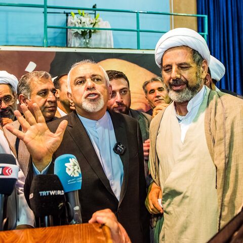 Mohammad Javad Zarif, the former Iranian foreign minister, speaks to supporters during an election rally in support of Iranian presidential election candidate Masoud Pezeshkian in Tehran, Iran, on June 24, 2024.