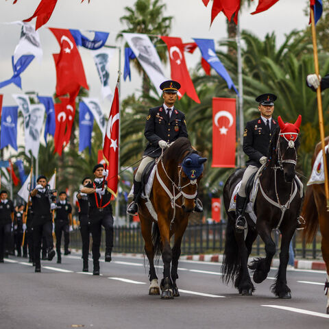 Turkish soldiers march, including some on horses, during a military parade marking the 102nd anniversary of the Victory Day at Vatan Street in Istanbul on Aug. 30, 2024. 