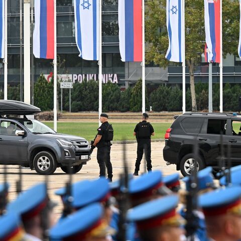 A special anti-terrorist unit stands in front of the Palace of Serbia to secure the place prior to Israeli President Benjamin Netanyahu's arrival for a meeting with Serbia's president in Belgrade, on Sept. 11, 2024.