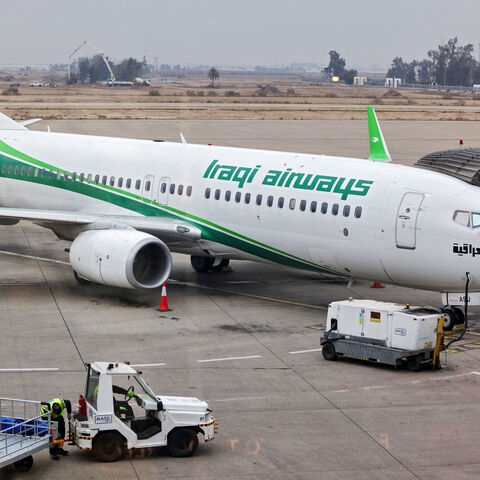 An Iraqi Airways aircraft is parked at the gate at Baghdad airport on Feb. 20, 2025. 
