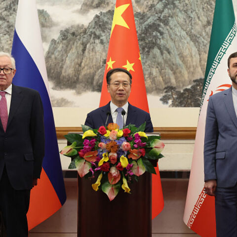 Russian Deputy Foreign Minister Sergei Ryabkov, China's Executive Vice Minister of Foreign Affairs Ma Zhaoxu, and Iran's Deputy Foreign Minister Kazem Gharibabadi hold a press conference at the Diaoyutai State Guesthouse in Beijing on March 14, 2025. (LINTAO ZHANG/POOL/AFP via Getty Images)