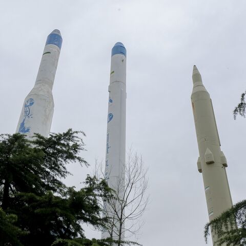A view of Simorgh (L) and Safir (2nd from left) Space Launch Vehicles and other Iran-made missiles in Iran's Museum of the Holy Defense in Tehran, Iran, on April 4, 2025.