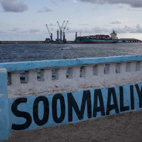 A cargo ship is seen in a port in central Mogadishu, Somalia, April 25, 2025.
