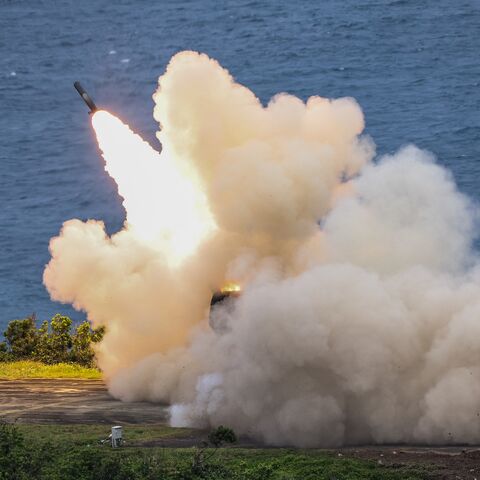 Test firing of a High Mobility Artillery Rocket System (HIMARS) at the Jiupeng base, Pingtung, Taiwan, May 12, 2025.