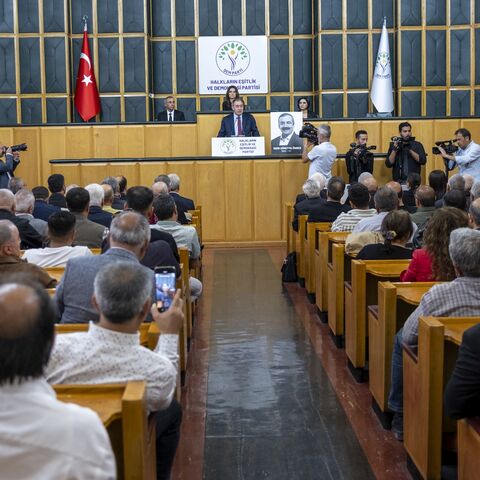 DEM Party co-chair Tuncer Bakirhan speaks during a group meeting in Ankara, on May 13, 2025.