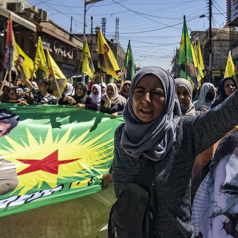 Kurdish Syrians demonstrate in the Syrian eastern city of Qamishli to demand the release of the jailed founder of the Kurdistan Workers' Party (PKK) Abdullah Ocalan in Turkey, on May 29, 2025. 
