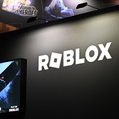 The logo of the online game platform and game creation system Roblox at a booth during Gamescom, a video games trade fair, Cologne, Germany, Aug. 21, 2025.
