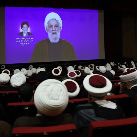 Hezbollah Secretary-General Naim Qassem delivers a statement during a ceremony to honor the Shiite cleric Abbas Ali Al-Moussawi, who passed away the week prior, Beirut, Aug. 25, 2025.