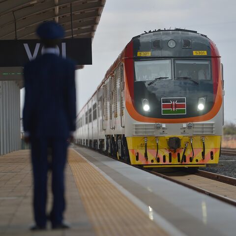 The inaugural ride of Kenya's newly acquired Standard Gauge Railway locomotive pulls into Voi railway station on May 31, 2017, in Voi, Kenya. 