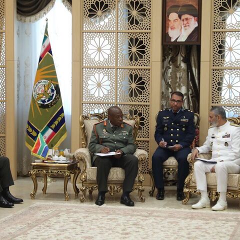 Chief of Staff of the Iranian Armed Forces, Maj. Gen. Abdolrahim Mousavi, holds talks with the chief of the South African National Defense Force, Gen. Rudzani Maphwanya, in Tehran, Aug. 12, 2025.