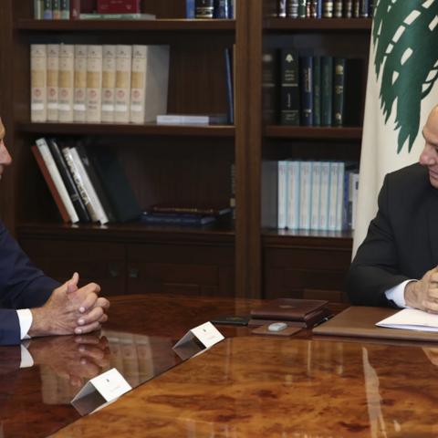 Lebanese President Joseph Aoun, right, meets with US Ambassador to Turkey and Special Envoy to Syria Tom Barrack, in Baabda, east of Beirut, July 7, 2025.