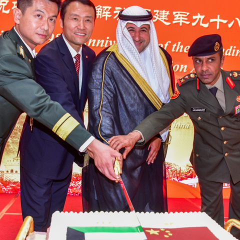 Kuwaits Deputy Defense Minister Sheikh Abdullah Meshal AlSabah (3rd from L) at an event hosted by the Chinese Embassy in Kuwait City, July 29, 2025.