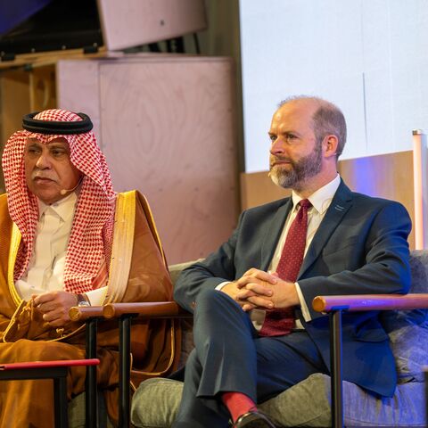 Saudi Commerce Minister Majid al-Kassabi and Business and Trade Secretary Jonathan Reynolds at the Great Futures summit, London, Sept. 3.