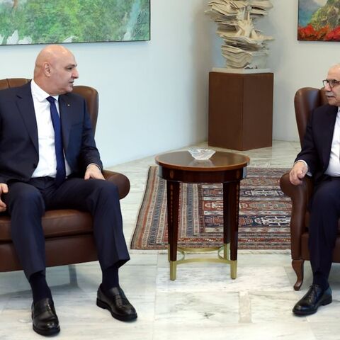 The Lebanese president, Joseph Aoun (left), receives Prime Minister Nawaf Salam at the Baabda Presidential Palace, on Sept. 1, 2025. 