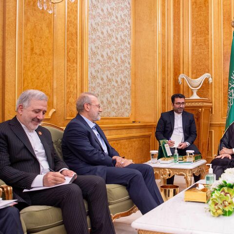 Head of Iran’s Supreme National Security Council Ali Larijani meets with Saudi Crown Prince Mohammed bin Salman in Riyadh on Sept. 16, 2025.