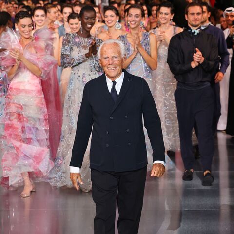 Italian designer Giorgio Armani acknowledges the audience during One Night Only series in Dubai on October 26, 2021.