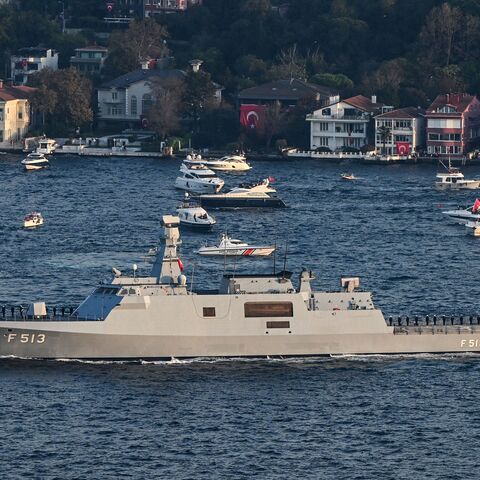 This picture taken on Oct. 29, 2023 in Istanbul shows Turkish naval forces warship Corvette TCG F 513, Burgazada, sails during a military naval parade on bosphorus to mark 100th anniversary celebrations of Turkish republic.