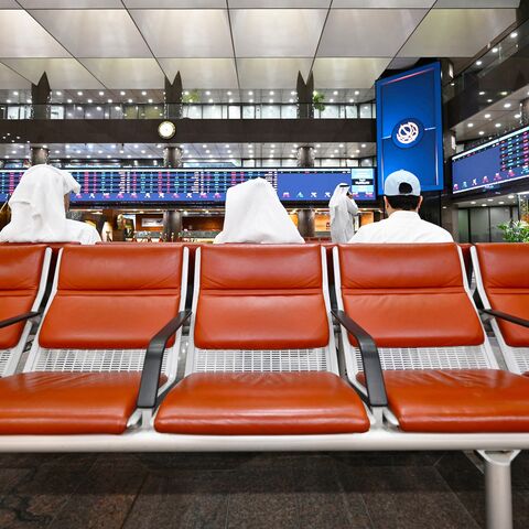 Kuwaiti traders follow the stock market activity at Boursa Kuwait, in Kuwait City on April 7, 2025. 