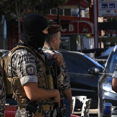 Lebanese army soldiers stand guard near a polling station during the municipal elections in Nabatieh in southern Lebanon on May 24, 2025.