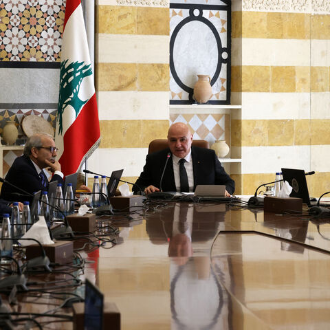 Lebanese President Joseph Aoun (C) heads a cabinet session to discuss an army plan to disarm the Shiite Muslim group Hezbollah, at the Presidential Palace in Baabda, on Sept. 5, 2025.