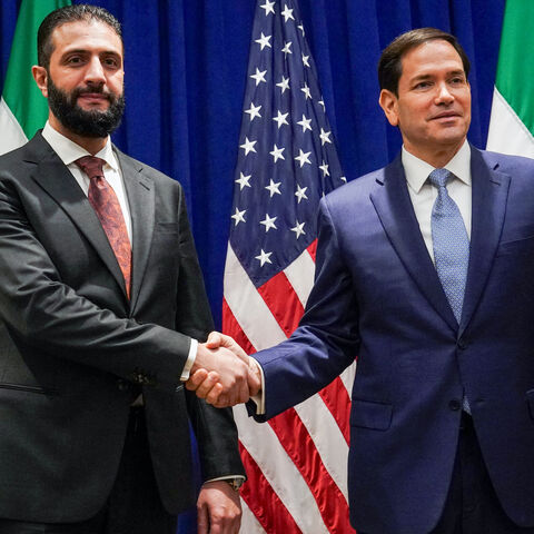 US Secretary of State Marco Rubio (R) meets with Syrian President Ahmed al-Sharaa at the Lotte New York Palace Hotel on the sidelines of the United Nations General Assembly meeting in New York City on Sept. 22, 2025. 