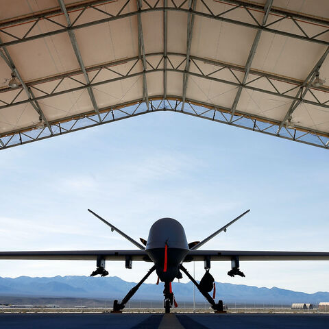 An MQ-9 Reaper remotely piloted aircraft (RPA) is parked in an aircraft shelter at Creech Air Force Base on November 17, 2015 in Indian Springs, Nevada.