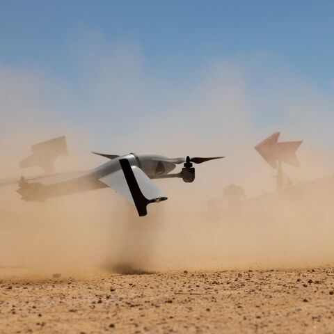 An Edge 130 Blue small, unmanned aircraft system (sUAS) assigned to the 1st Special Operations Wing takes off to perform flight demonstrations to partner nations during BRIGHT STAR 2025 at Talet Al Keif, Egypt.