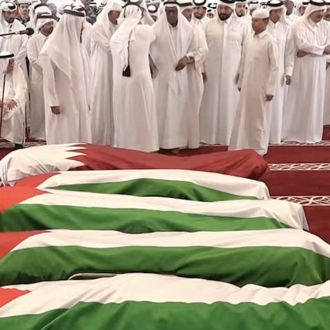 Funeral prayers are held at the Mohammed bin Abdulwahab Mosque in Doha, on Sept. 11, 2025.