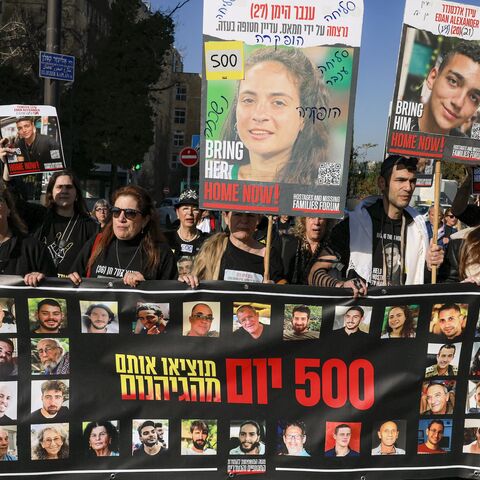 Demonstrators march toward the Israeli parliament (Knesset) headquarters in protest of Israeli hostages held captive in the Gaza Strip since Hamas' Oct. 7, 2023 attack.
