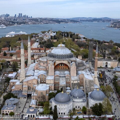 This aerial photograph shows scaffolds installed on the Hagia Sophia Grand Mosque in Istanbul on April 14, 2025. 