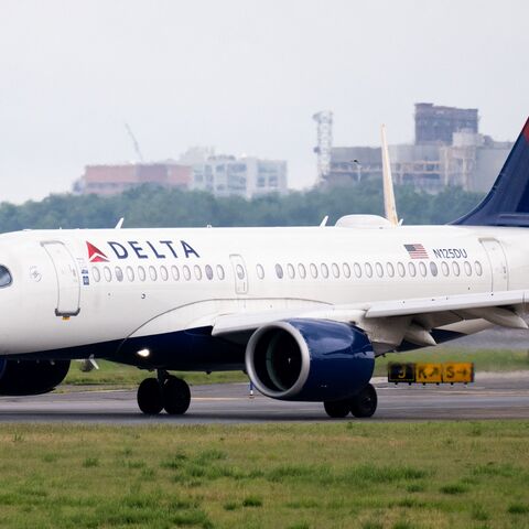 A Delta Air Lines Airbus A220 airplane prepares to takeoff at Ronald Reagan Washington National Airport in Arlington, Virginia, on July 10, 2025.