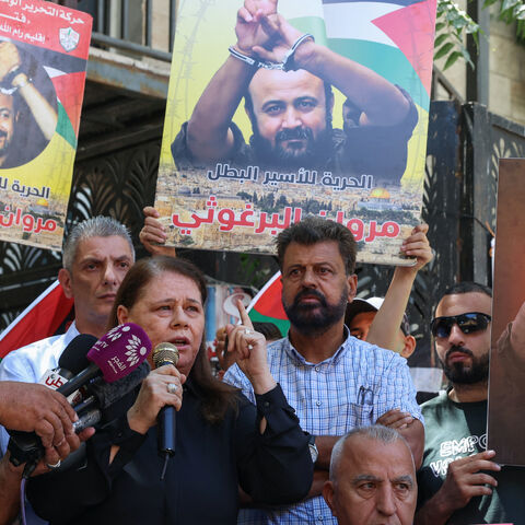 Fadwa, wife of leading member of the Palestinian Fatah party Marwan Barghouti, the most high-profile Palestinian detainee in Israeli custody, addresses a rally to support him in Ramallah city in the occupied West Bank on Aug. 19, 2025. 