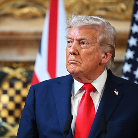 AYLESBURY, ENGLAND - SEPTEMBER 18: U.S. President Donald Trump attends a press conference with UK Prime Minister Keir Starmer (not pictured) at Chequers at the conclusion of a state visit on September 18, 2025 in Aylesbury, England. This is the final day of President Trump’s second UK state visit, with the previous one taking place in 2019 during his first presidential term. (Photo by Leon Neal/Getty Images)