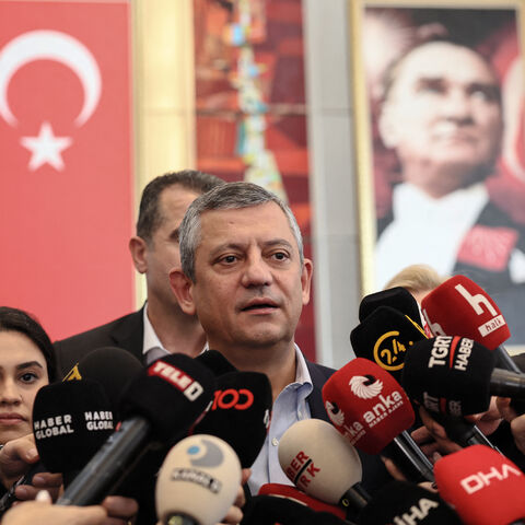 Leader of Turkey's main opposition party, Republican Peoples Party (CHP), Ozgur Ozel addresses the media at the party headquarters after a hearing on corruption charges against the party, in Ankara on October 24, 2025. An Ankara court on October 24, 2025 threw out a graft case against Turkey's main opposition CHP on grounds it had no substance, an AFP journalist at the hearing said. The case, which centred on alleged vote buying at a Republican People's Party (CHP) primary in 2023, was rejected by the judge
