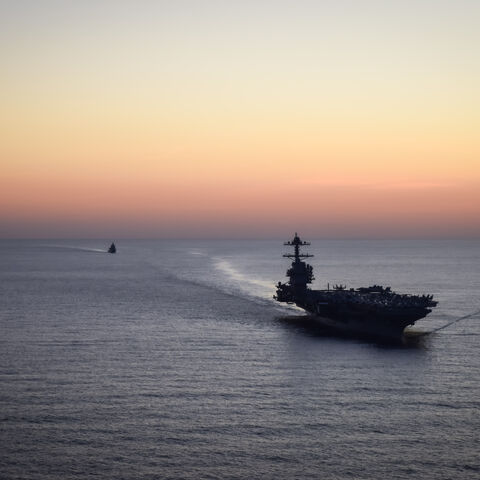 MEDITERRANIAN SEA - OCTOBER 2: In this handout provided by the U.S. Navy, The USS Gerald R. Ford (CVN 78), and Italian Navy Offshore Patrol Vessel ITS Paolo Thaon di Revel (P430), flagship of Standing NATO Mine Countermeasures Group 2, operate in the Mediterranean Sea, Oct. 2, 2025. Gerald R. Ford, a first-in-class aircraft carrier and deployed flagship of Carrier Strike Group 12, is on a scheduled deployment in the U.S. 6th Fleet area of operations to support the warfighting effectiveness, lethality and re