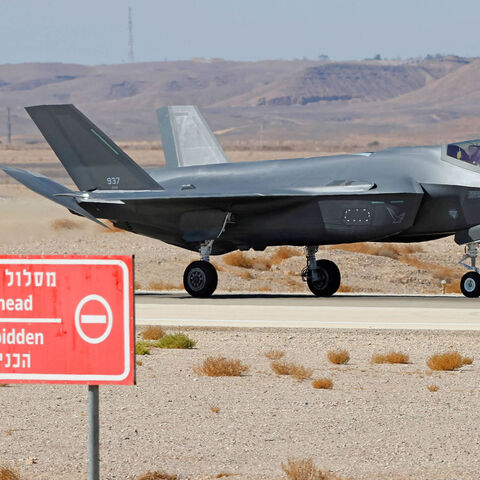 An Israel Air Force F-35 fighter lands during the "Blue Flag" multinational air defence exercise at the Ovda air force base, north of Eilat, Israel, Oct. 24, 2021. 