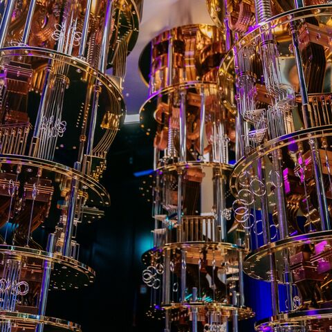 A model of IBM Quantum shows the three chandeliers that would be a part of the System Two installation, the System One comprises of one such chandelier, seen during the inauguration of Europe's first IBM Quantum Data Center, on Oct. 1, 2024, in Ehningen, Germany.
