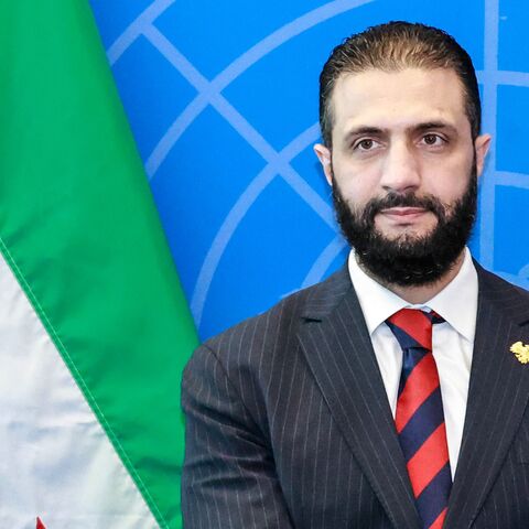 Syrian President Ahmed al-Sharaa visits with UN Secretary-General Antonio Guterres (off frame) during the United Nations General Assembly at the UN headquarters in New York City on Sept. 24, 2025.