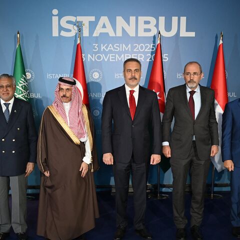pose for a family photo during a meeting of foreign ministers from Muslim countries to discuss the Gaza peace plan, in Istanbul, on Nov. 3, 2025. 