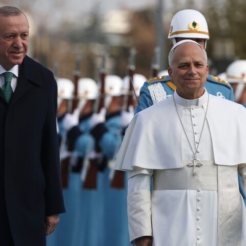 President of Turkey Recep Tayyip Erdogan greets Pope Leo XIV during a welcome ceremony at the Presidential Palace, Ankara, Nov. 27, 2025.