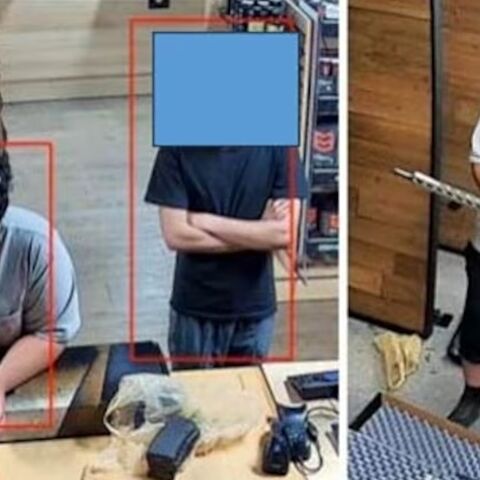 Mohmed Ali, left, and a alleged co-conspirator are seen at a gun store on Sept. 25, 2025, according to a criminal complaint. Part of this image has been obscured by the source. 