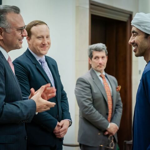 Sheikh Abdullah Bin Zayed Al Nahyan (R), Deputy Prime Minister and Minister of Foreign Affairs, received Massad Boulos (L), adviser to the US president for African and Arab affairs, in Abu Dhabi, on Nov. 24. 2025.