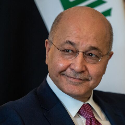 Iraqi President Barham Salih meets with UK Prime Minister, Theresa May (unseen), on June 25, 2019, in London, England. 
