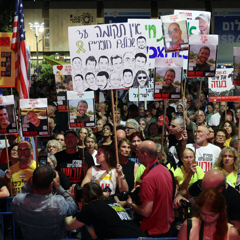 People take part in a demonstration at Hostage Square in the Israeli coastal city of Tel Aviv on Oct. 25, 2025, calling for the release of all the bodies of hostages held in Gaza by the Palestinian militant group Hamas. 