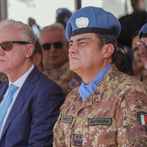 Lebanese Minister of Foreign Affairs and Expatriates Youssef Rajji meets with Maj. Gen. Diodato Abagnara, UNIFIL head of mission and force commander, at the UN peacekeeping headquarters in Naqoura, southern Lebanon, Oct. 24, 2025.