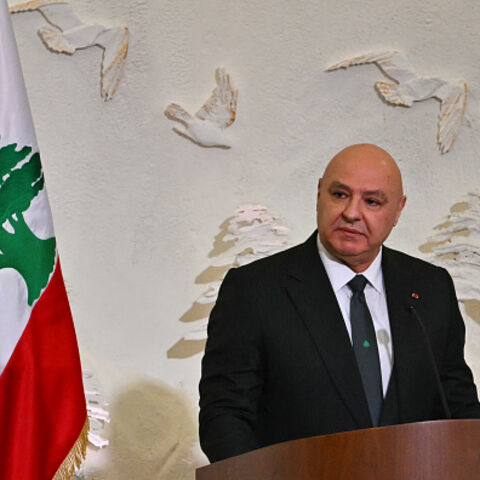 Lebanon's President Joseph Aoun delivers a speech during a meeting of Pope Leo XIV with authorities, civil society and diplomatic corps at the presidential palace in Baabda, east of the capital Beirut, on November 30, 2025. (Photo by Andreas SOLARO / AFP via Getty Images)