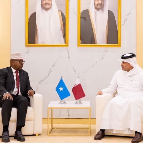 Somali Defense Minister Ahmed Moallim Fiqi and Qatar’s Deputy Prime Minister and Minister of State for Defense Affairs, Sheikh Saoud bin Abdulrahman bin Hassan Al Thani, meet on the sidelines of the Doha International Maritime Defense Exhibition and Conference (DIMDEX2026), Jan. 20, 2026.