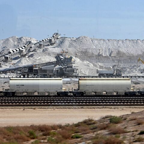 Railroad tracks by a quarry at the Jubail Industrial City, north of Dammam, in Saudi Arabia's Eastern province, overlooking the Gulf, Dec. 11, 2019.